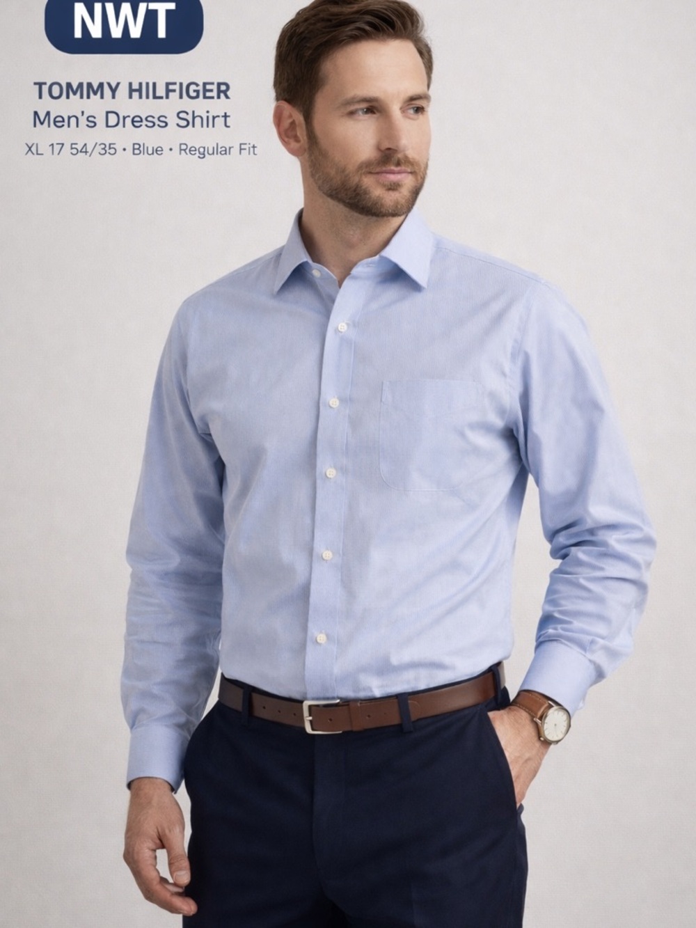 NWT Tommy Hilfiger Men’s Dress Shirt XL 17 34/35 Blue Regular Fit Button Down